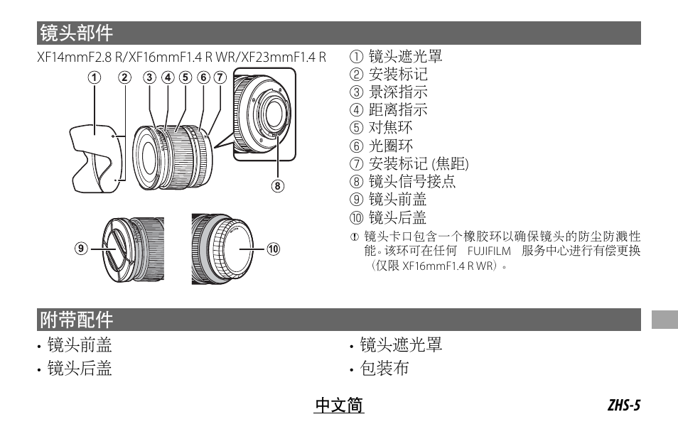 镜头部件, 附带配件 | FujiFilm XF 16mm f/1.4 R WR Lens User Manual | Page 109 / 136