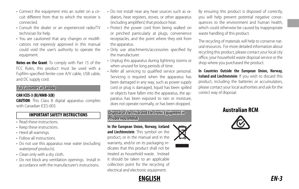 En-3 english, Australian rcm | FujiFilm XF 16mm f/1.4 R WR Lens User Manual | Page 11 / 136