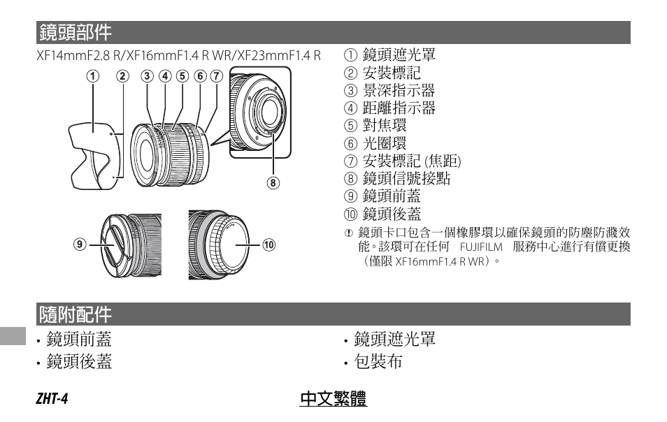 鏡頭部件, 隨附配件 | FujiFilm XF 16mm f/1.4 R WR Lens User Manual | Page 116 / 136