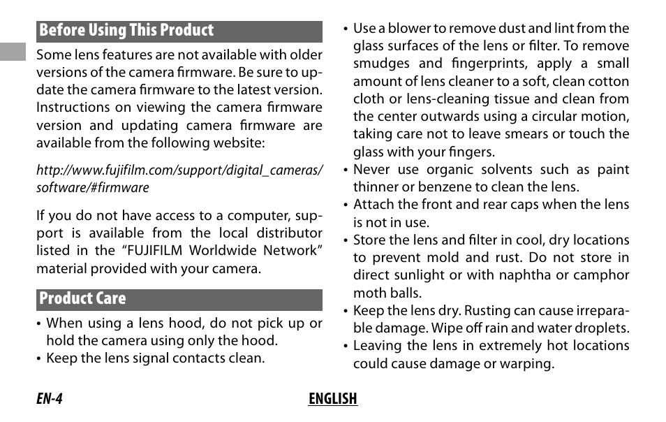 Before using this product, Product care | FujiFilm XF 16mm f/1.4 R WR Lens User Manual | Page 12 / 136