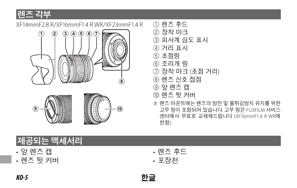 렌즈 각부, 제공되는 액세서리, Ko-5 한글 | 앞 렌즈 캡 • 렌즈 뒷 커버 • 렌즈 후드 • 포장천 | FujiFilm XF 16mm f/1.4 R WR Lens User Manual | Page 124 / 136