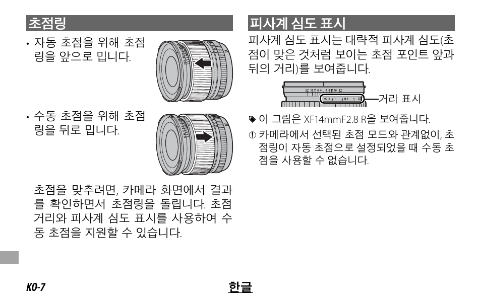 피사계 심도 표시 | FujiFilm XF 16mm f/1.4 R WR Lens User Manual | Page 126 / 136