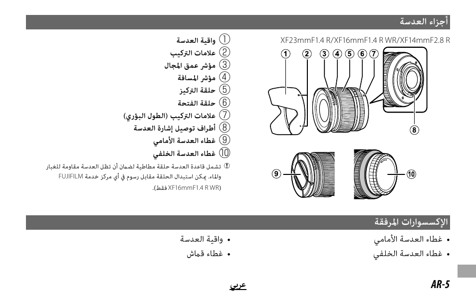 ﺔﺳﺪﻌﻟا ءاﺰﺟأ, ﺔﻘﻓﺮﳌا تاراﻮﺴﺴﻛﻹا | FujiFilm XF 16mm f/1.4 R WR Lens User Manual | Page 131 / 136