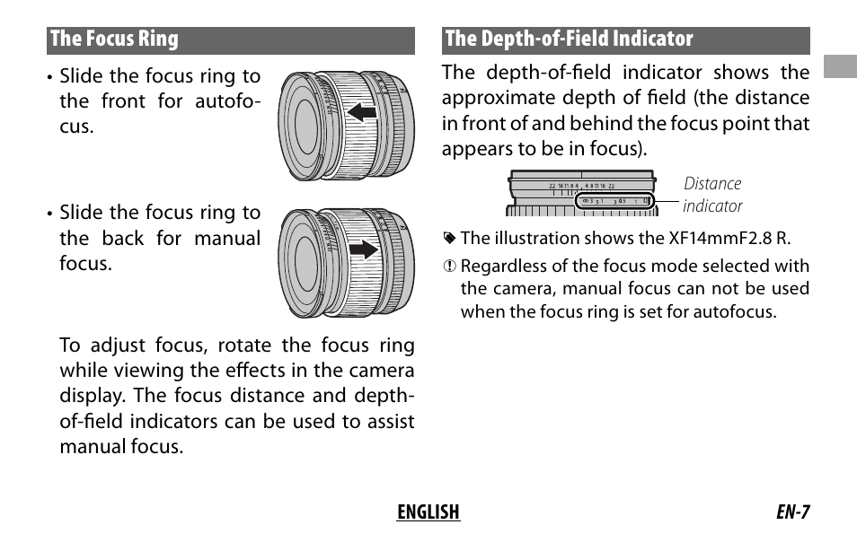 The focus ring, The depth-of-field indicator | FujiFilm XF 16mm f/1.4 R WR Lens User Manual | Page 15 / 136