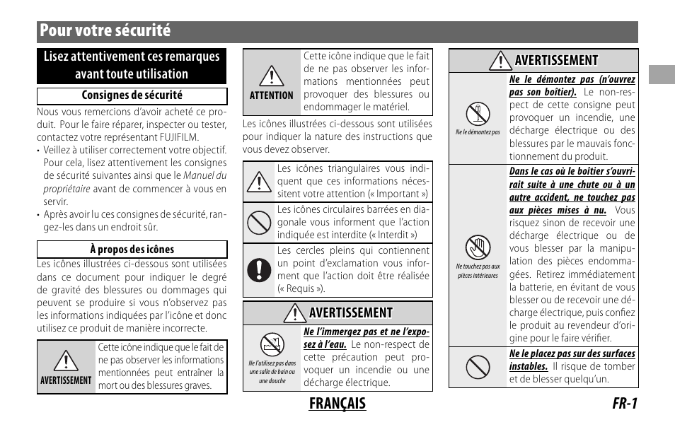 Pour votre sécurité, Fr-1 français, Avertissement | FujiFilm XF 16mm f/1.4 R WR Lens User Manual | Page 17 / 136