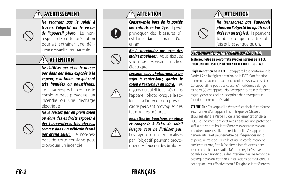 Fr-2 français, Avertissement, Attention | FujiFilm XF 16mm f/1.4 R WR Lens User Manual | Page 18 / 136