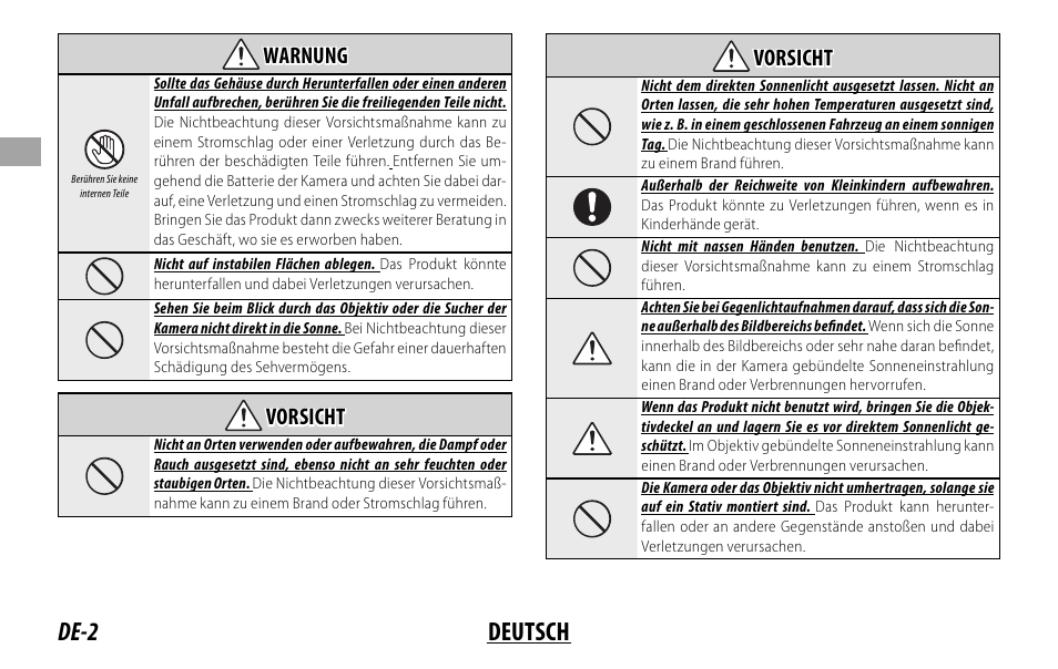 De-2 deutsch, Warnung warnung, Vorsicht vorsicht | FujiFilm XF 16mm f/1.4 R WR Lens User Manual | Page 26 / 136