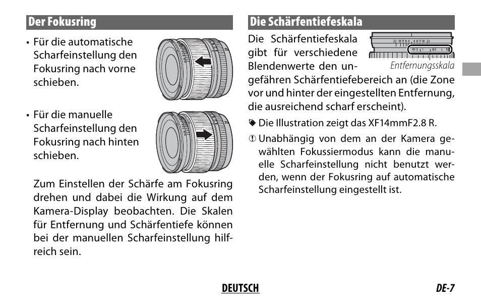 Der fokusring, Die schärfentiefeskala | FujiFilm XF 16mm f/1.4 R WR Lens User Manual | Page 31 / 136