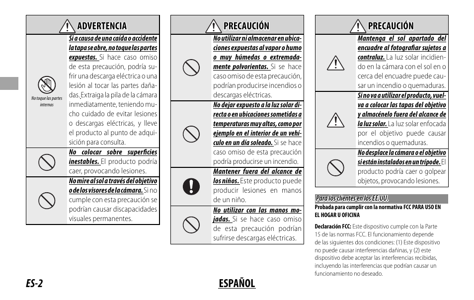Es-2 español, Advertencia advertencia, Precaución precaución | FujiFilm XF 16mm f/1.4 R WR Lens User Manual | Page 34 / 136