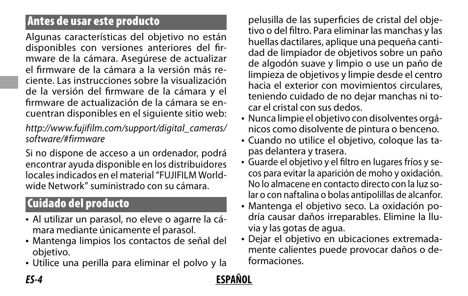 Antes de usar este producto, Cuidado del producto | FujiFilm XF 16mm f/1.4 R WR Lens User Manual | Page 36 / 136