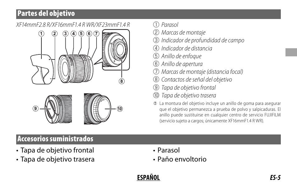 Partes del objetivo, Accesorios suministrados | FujiFilm XF 16mm f/1.4 R WR Lens User Manual | Page 37 / 136