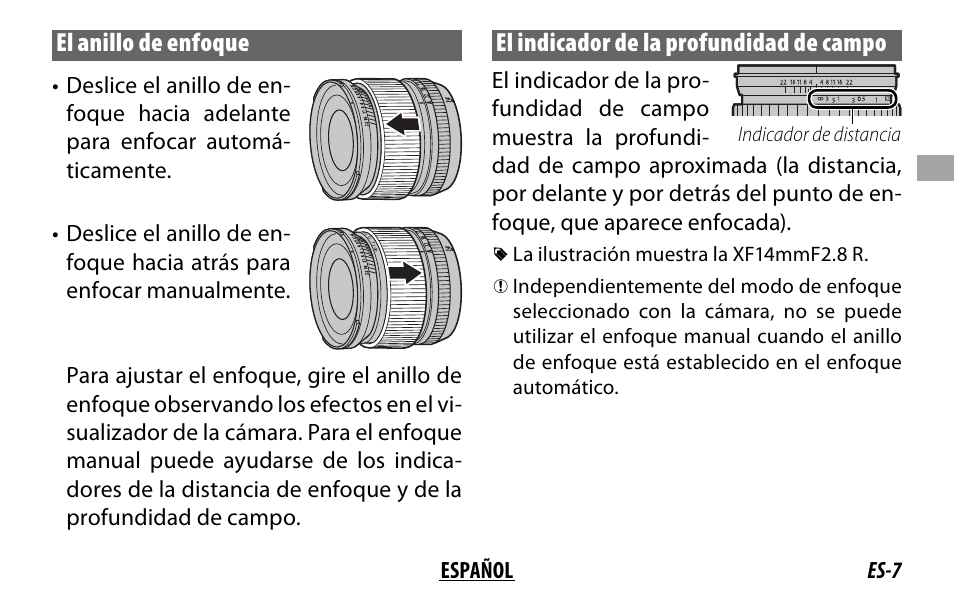 El anillo de enfoque, El indicador de la profundidad de campo | FujiFilm XF 16mm f/1.4 R WR Lens User Manual | Page 39 / 136