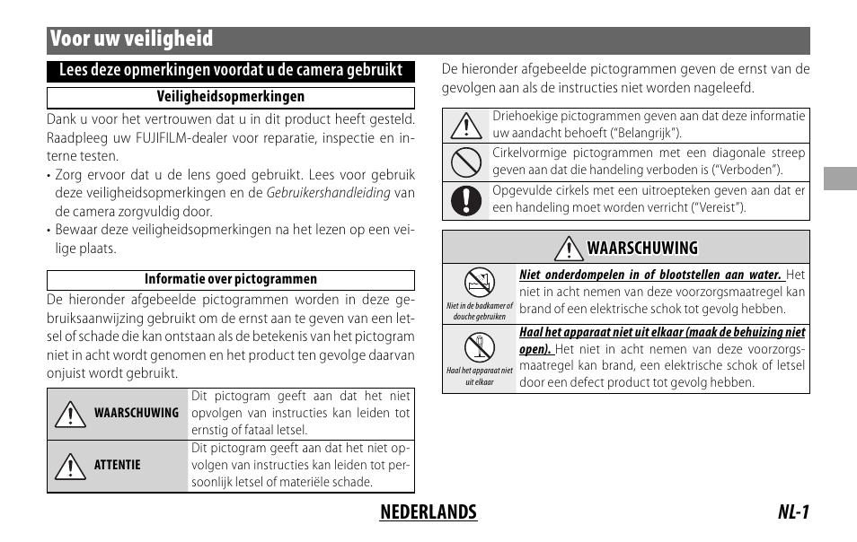 Voor uw veiligheid, Nl-1 nederlands, Lees deze opmerkingen voordat u de camera gebruikt | Waarschuwing waarschuwing | FujiFilm XF 16mm f/1.4 R WR Lens User Manual | Page 41 / 136