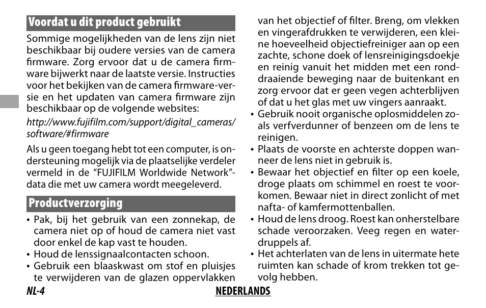 Voordat u dit product gebruikt, Productverzorging | FujiFilm XF 16mm f/1.4 R WR Lens User Manual | Page 44 / 136