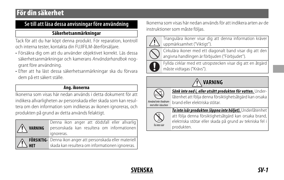 För din säkerhet, Sv-1 svenska, Se till att läsa dessa anvisningar före användning | Varning varning | FujiFilm XF 16mm f/1.4 R WR Lens User Manual | Page 49 / 136