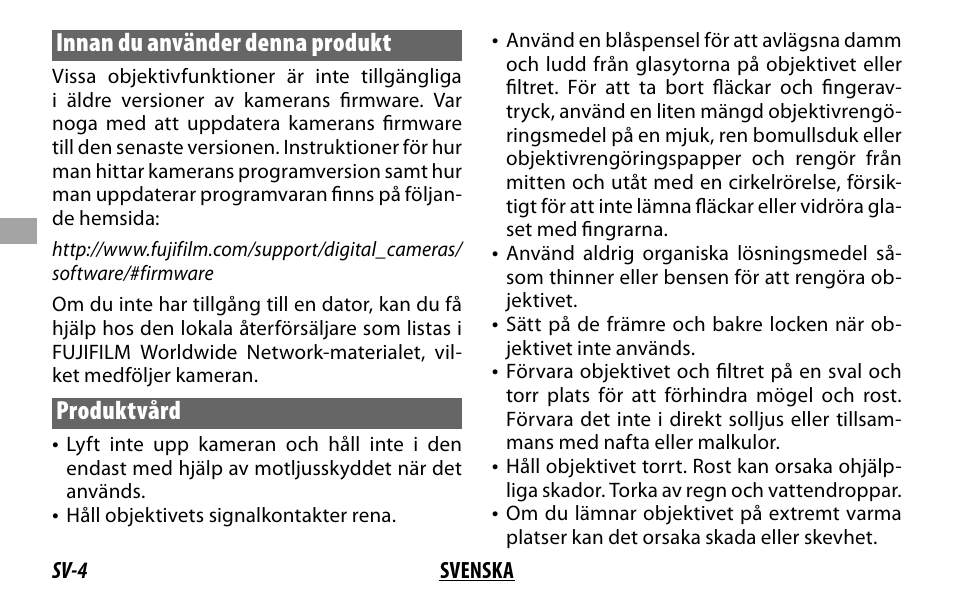 Innan du använder denna produkt, Produktvård | FujiFilm XF 16mm f/1.4 R WR Lens User Manual | Page 52 / 136