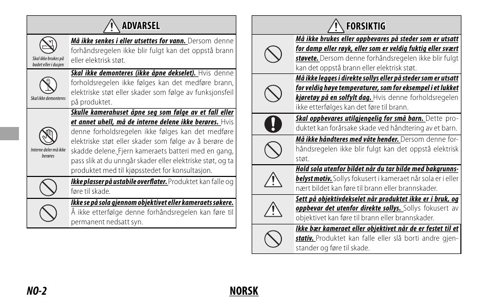 No-2 norsk, Advarsel advarsel, Forsiktig forsiktig | FujiFilm XF 16mm f/1.4 R WR Lens User Manual | Page 58 / 136