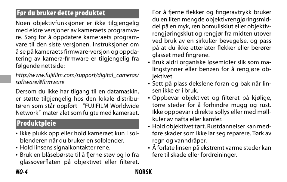 Før du bruker dette produktet, Produktpleie | FujiFilm XF 16mm f/1.4 R WR Lens User Manual | Page 60 / 136