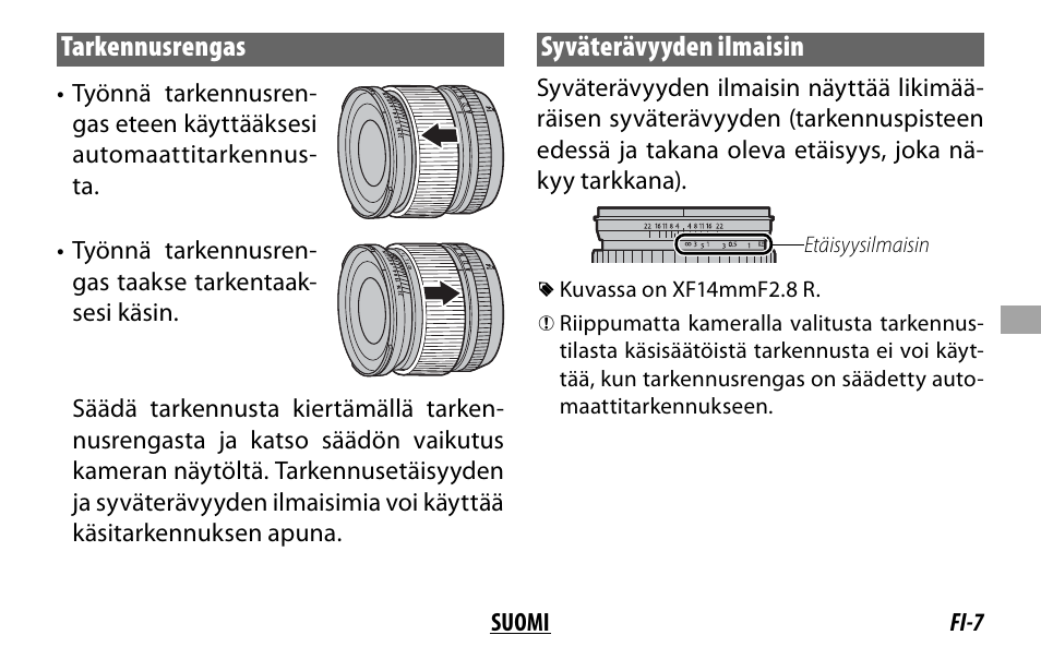 Tarkennusrengas, Syväterävyyden ilmaisin | FujiFilm XF 16mm f/1.4 R WR Lens User Manual | Page 71 / 136