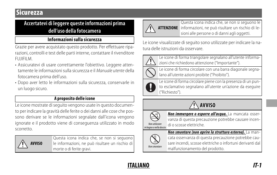 Sicurezza, It-1 italiano, Avviso avviso | FujiFilm XF 16mm f/1.4 R WR Lens User Manual | Page 81 / 136