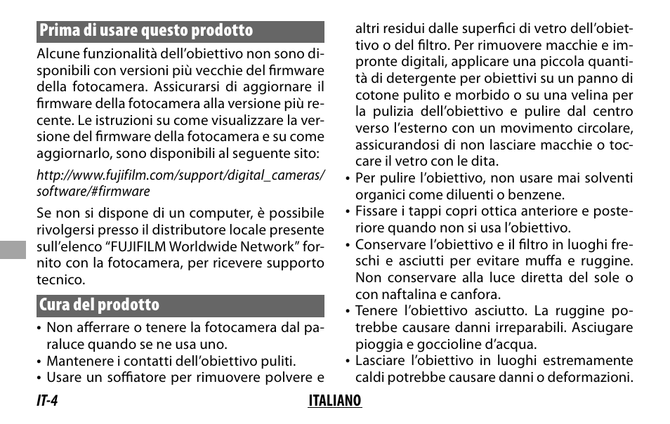 Prima di usare questo prodotto, Cura del prodotto | FujiFilm XF 16mm f/1.4 R WR Lens User Manual | Page 84 / 136