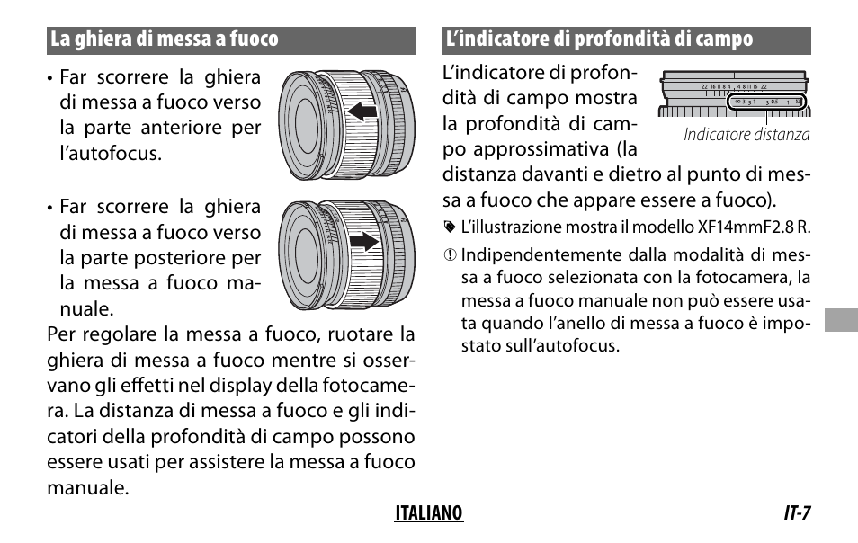 La ghiera di messa a fuoco, L’indicatore di profondità di campo | FujiFilm XF 16mm f/1.4 R WR Lens User Manual | Page 87 / 136