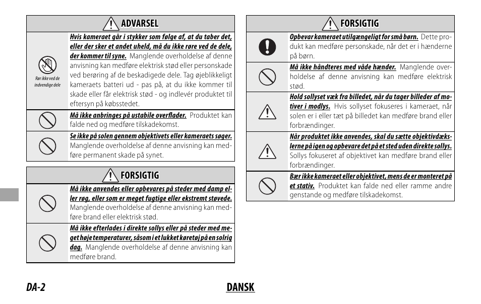 Da-2 dansk, Advarsel, Forsigtig | FujiFilm XF 16mm f/1.4 R WR Lens User Manual | Page 90 / 136