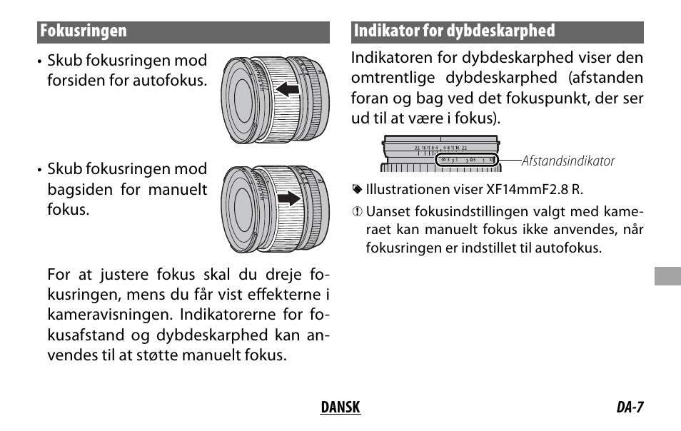 Fokusringen, Indikator for dybdeskarphed | FujiFilm XF 16mm f/1.4 R WR Lens User Manual | Page 95 / 136