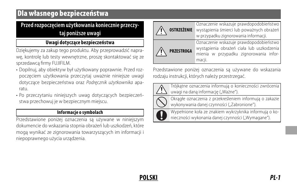 Dla własnego bezpieczeństwa, Pl-1 polski | FujiFilm XF 16mm f/1.4 R WR Lens User Manual | Page 97 / 136