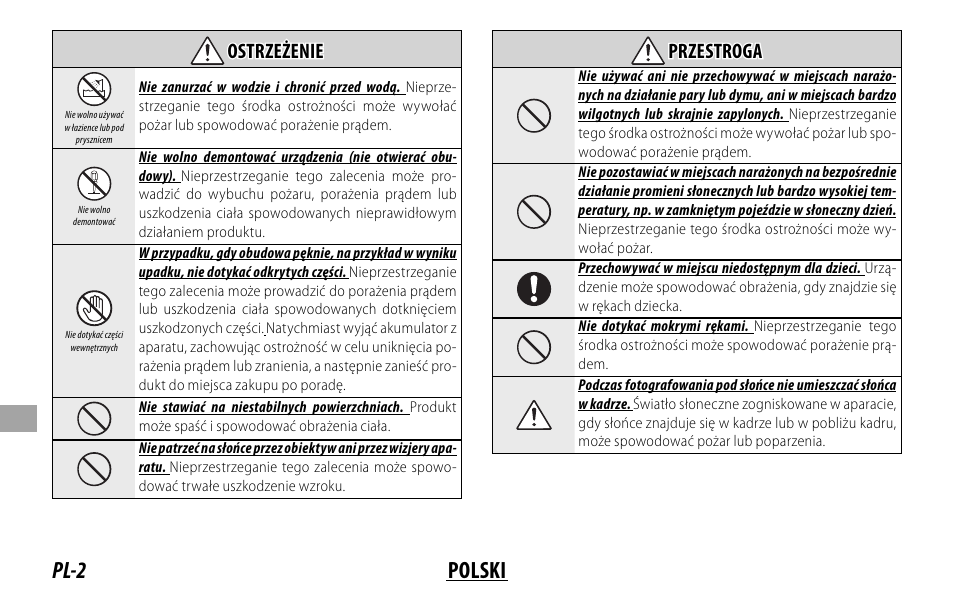 Pl-2 polski, Ostrzeżenie ostrzeżenie, Przestroga przestroga | FujiFilm XF 16mm f/1.4 R WR Lens User Manual | Page 98 / 136