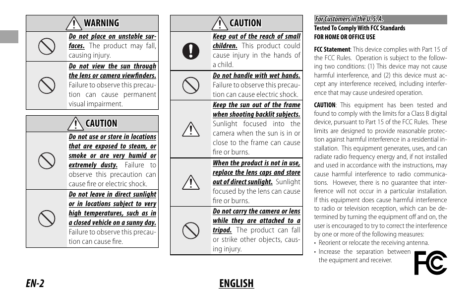 En-2 english, Warning, Caution | FujiFilm XF 8-16mm f/2.8 R LM WR Lens User Manual | Page 10 / 140