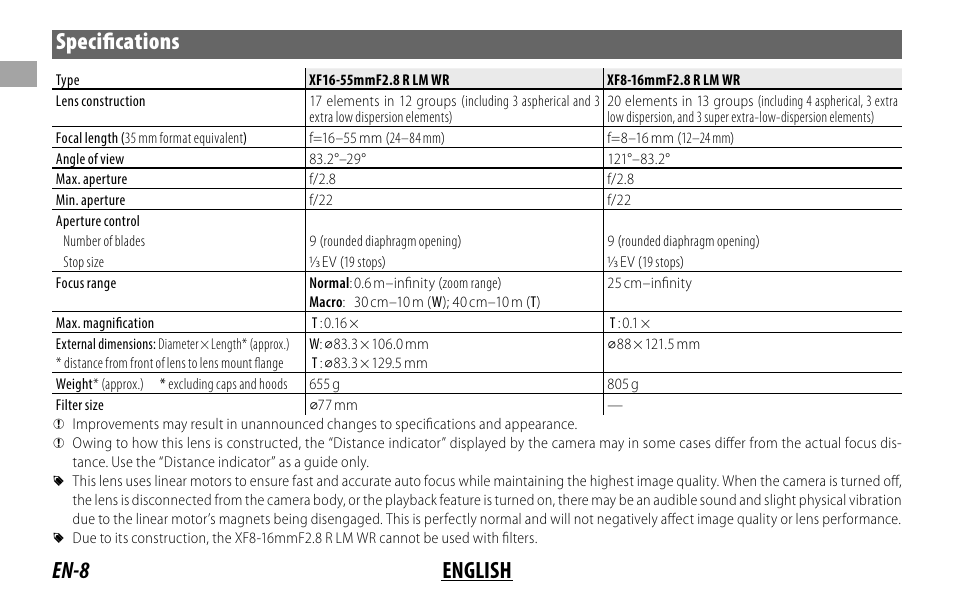 En-8 english specifi cations | FujiFilm XF 8-16mm f/2.8 R LM WR Lens User Manual | Page 16 / 140