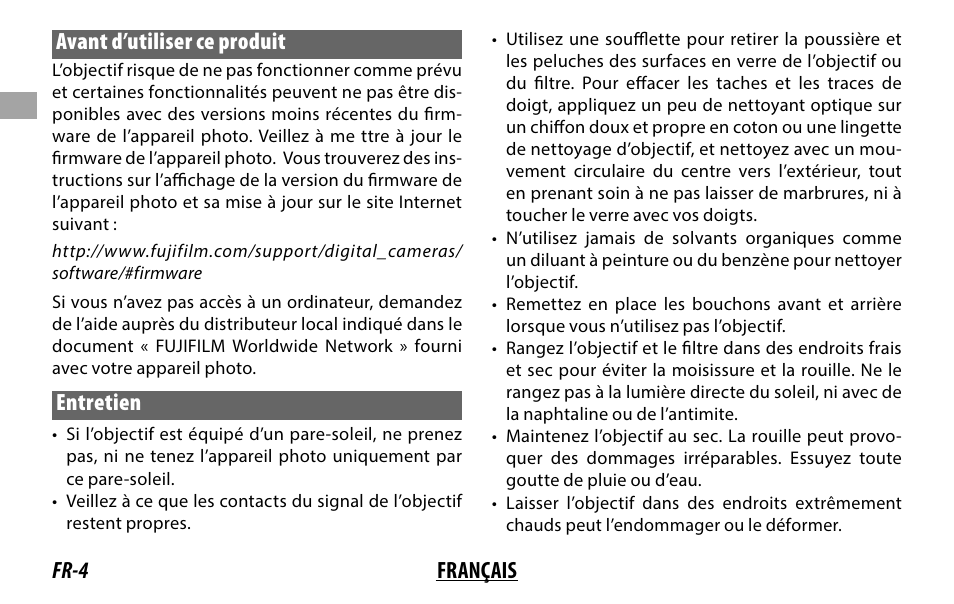 Fr-4 français avant d’utiliser ce produit, Entretien | FujiFilm XF 8-16mm f/2.8 R LM WR Lens User Manual | Page 20 / 140