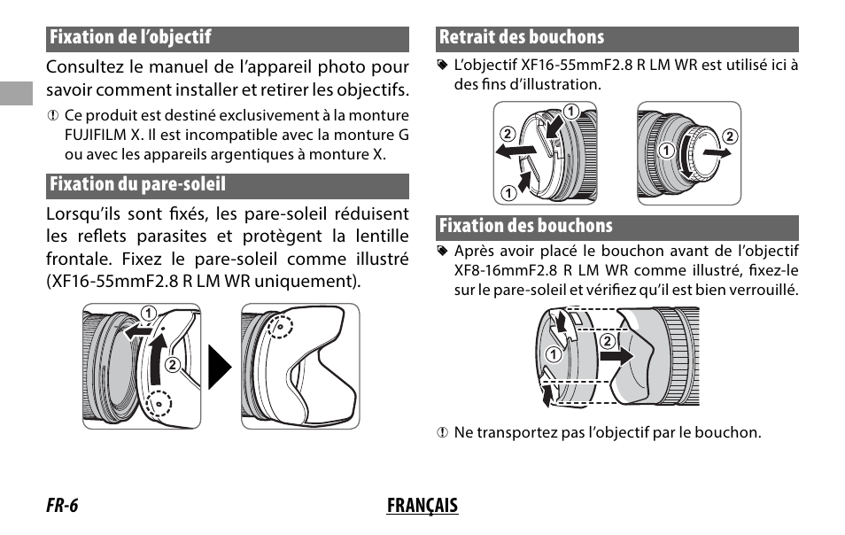 Fr-6 français fixation de l’objectif, Fixation du pare-soleil, Retrait des bouchons | Fixation des bouchons | FujiFilm XF 8-16mm f/2.8 R LM WR Lens User Manual | Page 22 / 140