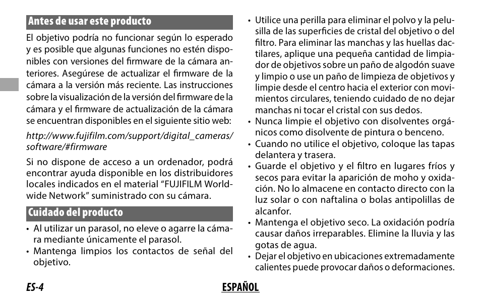 Es-4 español antes de usar este producto, Cuidado del producto | FujiFilm XF 8-16mm f/2.8 R LM WR Lens User Manual | Page 36 / 140