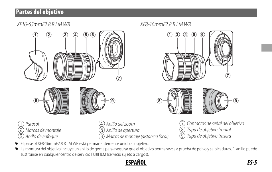 Es-5 español partes del objetivo, Parasol, Marcas de montaje | Anillo de enfoque, Anillo del zoom, Anillo de apertura, Marcas de montaje (distancia focal), Contactos de señal del objetivo, Tapa de objetivo frontal, Tapa de objetivo trasera | FujiFilm XF 8-16mm f/2.8 R LM WR Lens User Manual | Page 37 / 140