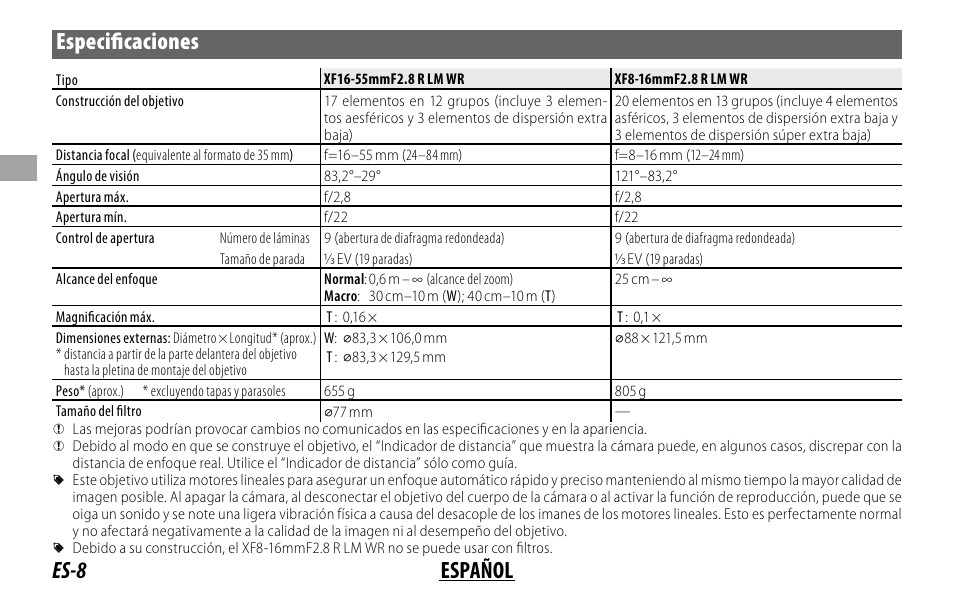 Es-8 español especifi caciones | FujiFilm XF 8-16mm f/2.8 R LM WR Lens User Manual | Page 40 / 140