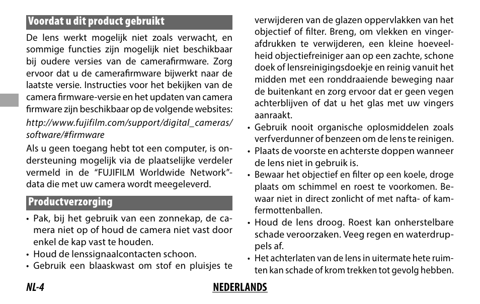 Nl-4 nederlands voordat u dit product gebruikt, Productverzorging | FujiFilm XF 8-16mm f/2.8 R LM WR Lens User Manual | Page 44 / 140