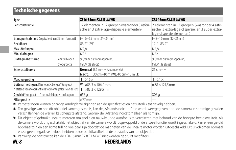 Nl-8 nederlands technische gegevens | FujiFilm XF 8-16mm f/2.8 R LM WR Lens User Manual | Page 48 / 140