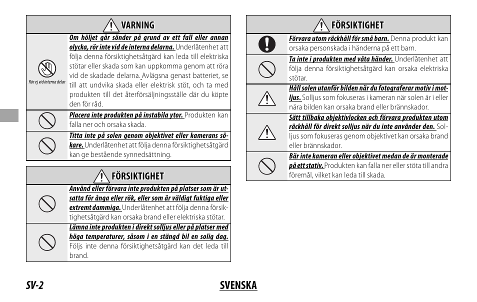 Sv-2 svenska, Varning varning, Försiktighet försiktighet | FujiFilm XF 8-16mm f/2.8 R LM WR Lens User Manual | Page 50 / 140