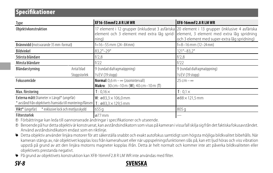 Sv-8 svenska specifi kationer | FujiFilm XF 8-16mm f/2.8 R LM WR Lens User Manual | Page 56 / 140