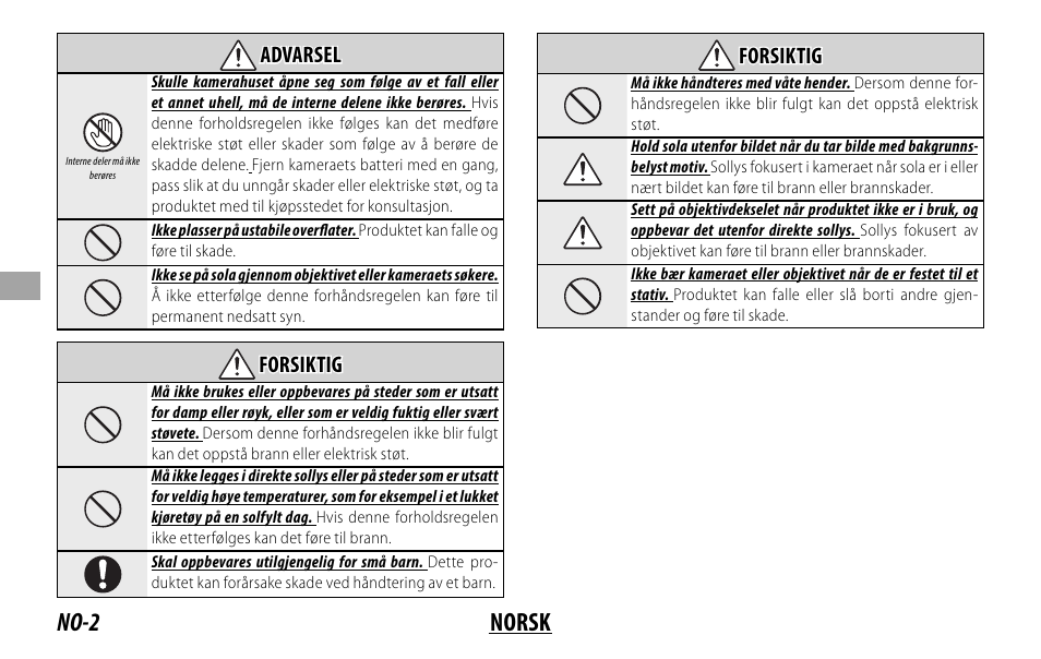 No-2 norsk, Advarsel advarsel, Forsiktig forsiktig | FujiFilm XF 8-16mm f/2.8 R LM WR Lens User Manual | Page 58 / 140