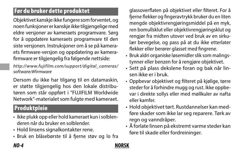 Før du bruker dette produktet, Produktpleie | FujiFilm XF 8-16mm f/2.8 R LM WR Lens User Manual | Page 60 / 140