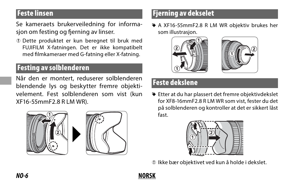 Feste linsen, Festing av solblenderen, Fjerning av dekselet | Feste dekslene | FujiFilm XF 8-16mm f/2.8 R LM WR Lens User Manual | Page 62 / 140