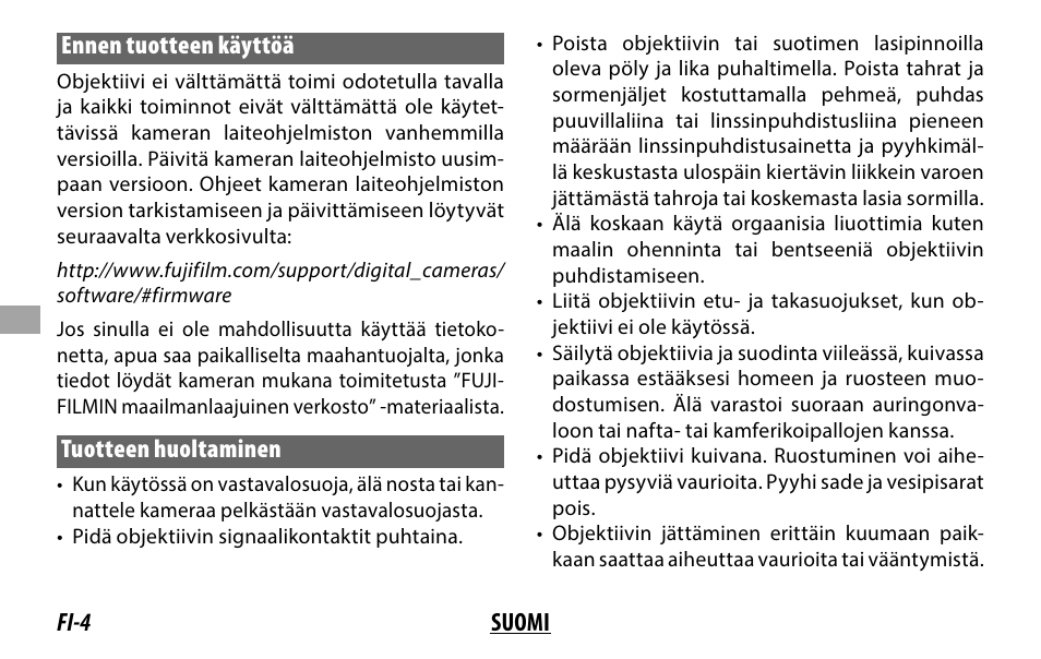 Fi-4 suomi ennen tuotteen käyttöä, Tuotteen huoltaminen | FujiFilm XF 8-16mm f/2.8 R LM WR Lens User Manual | Page 68 / 140