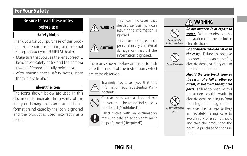 En-1 english for your safety, Warning | FujiFilm XF 8-16mm f/2.8 R LM WR Lens User Manual | Page 9 / 140