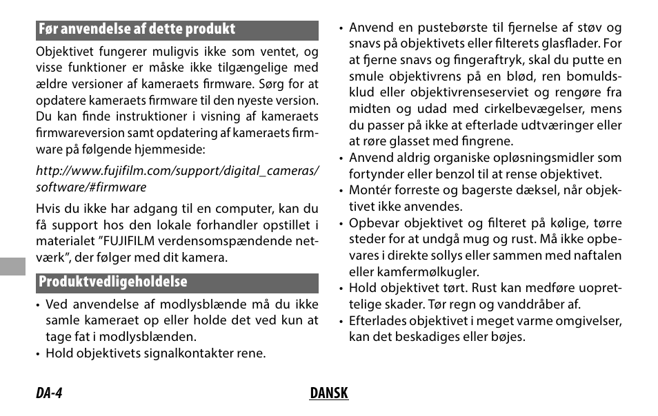 Da-4 dansk før anvendelse af dette produkt, Produktvedligeholdelse | FujiFilm XF 8-16mm f/2.8 R LM WR Lens User Manual | Page 92 / 140