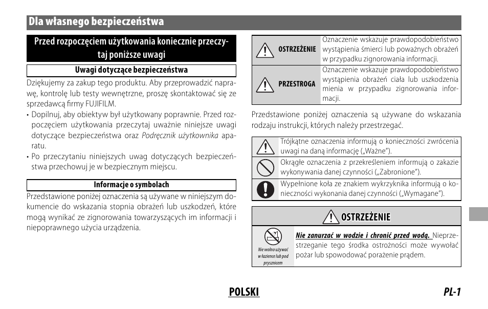 Pl-1 polski dla własnego bezpieczeństwa, Ostrzeżenie ostrzeżenie | FujiFilm XF 8-16mm f/2.8 R LM WR Lens User Manual | Page 97 / 140