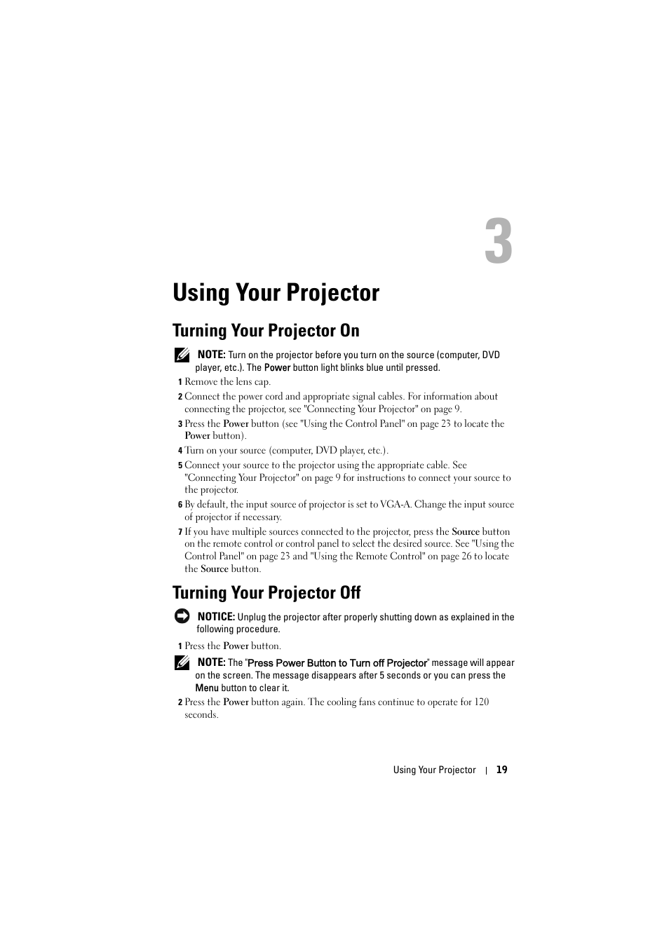 Using your projector, Turning your projector on, Turning your projector off | Dell 1610HD User Manual | Page 19 / 80