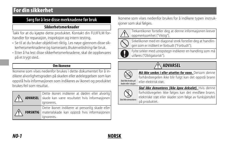 For din sikkerhet, No-1 norsk, Sørg for å lese disse merknadene før bruk | Advarsel advarsel | FujiFilm XF 200mm f/2 R LM OIS WR Lens with XF 1.4x TC F2 WR Teleconverter Kit User Manual | Page 106 / 256
